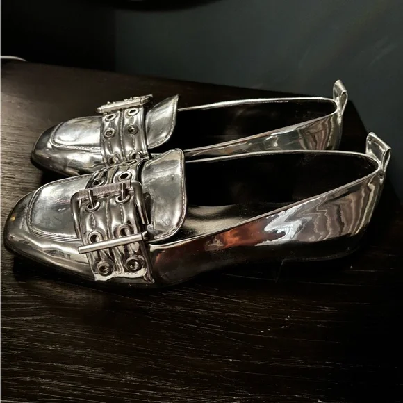 Silver Metallic Loafers with Buckle Detail by Mix No. 6 - Picture 2 of 8
